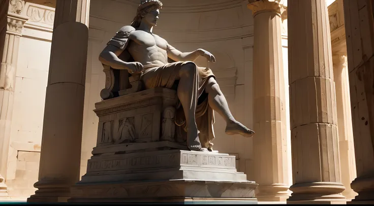 Ancient greek statue with angry expression, ambiente escuro, ao ceu aberto, 35 mm, full body, lateralmente, extremamente detalhado, Colors with low saturation with dark tone, Filmado em Sony A7S III com Sony FE 35mm f/1.8, 12.1 MP, --AR 3:2 --estilo cru