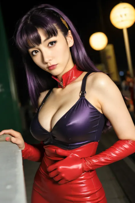 Misato Katsuragi, Evangelion, EVA 01, vestido corto negro, sexy, obra maestra, obra maestra, renderizar, NIKON, 1.8f, bokeeh, luces tenues, hermosa, purple hair, cabello morado, ojos hermosos, perfecta, cuerpo perfecto, belleza, ciudad, Tokio streets, noch...