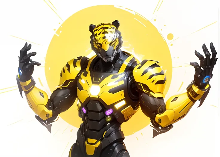 Humanoid robot, robotics Tiger, 1 male robot, Futuristic theme, Tiger colour, lightning effect, yellow &black, Amazing, cybernetic, cinematic, best quality, extremely detailed, 8k resolution, Masterpiece, realistic