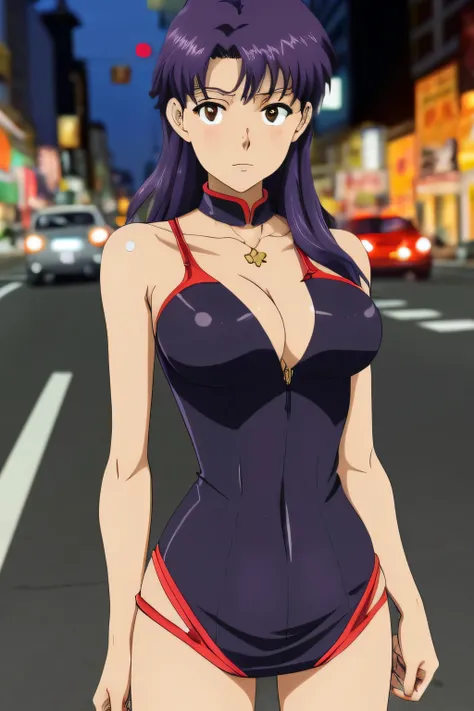 Misato Katsuragi, Evangelion, EVA 01, yellow bathing suit sexy, obra maestra, obra maestra, renderizar, NIKON, 1.8f, bokeeh, luces tenues, hermosa, purple hair, cabello morado, ojos hermosos, perfecta, cuerpo perfecto, belleza, ciudad, Tokio streets, noche...