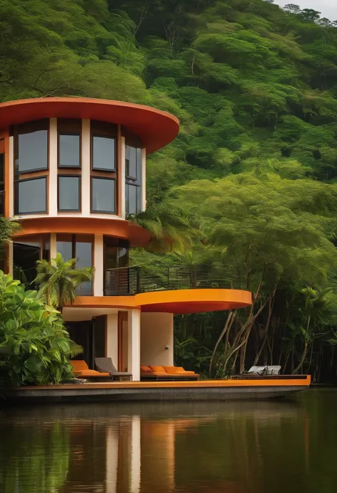 Single-family duplex house next to water bodies and forests in tropical climates