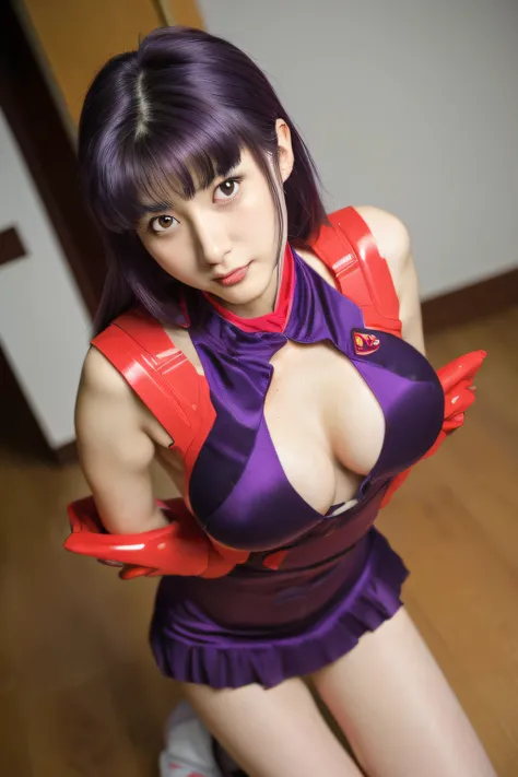 Misato Katsuragi, Evangelion, EVA 01, vestido corto, Japan, sexy, obra maestra, obra maestra, renderizar, NIKON, 1.8f, bokeeh, luces tenues, hermosa, purple hair, cabello morado, ojos hermosos, perfecta, cuerpo perfecto, belleza