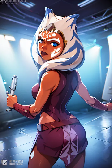 1 girl, ahsoka tano, star wars, back towards the camera, looking back, cyberpunk background, neon lights