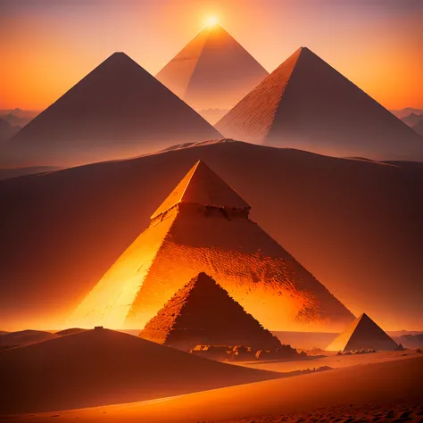 Create an image of the majestic Pyramids of Giza, banhadas pelo sol poente, with an orange sky in the background."