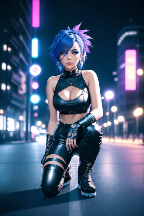 beautiful girl, full body, short bright blue dishevelled hair, black eyeshadow, (street style wear:1.2), ((tight fitted pants)), ((knee high leather boots)), (city night background:1.2), dark makeup, digital art, trending on artstation, highly detailed, fi...