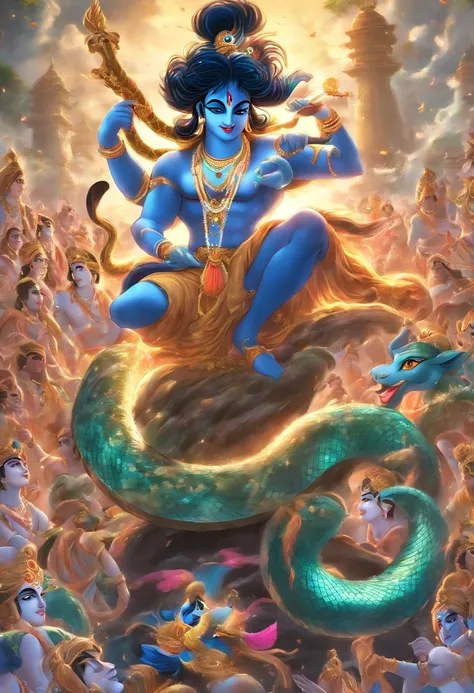 (((Krishna on top of the serpent))) best quality, ultra-high resolution, 4K detailed CG, masterpiece, Krishna, Hindu god, ((on top of the snake))fierce serpent, snake, serpent, coming out of the river, river, Hindu mythology, Hindu image, aesthetic, screen...