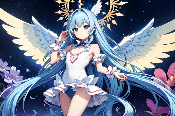 Rainbow wings of angels shining in seven colors、Kawaii Girl、Long blue hair、Twin-tailed、Colorful Angel Leotard、Crystal Brilliant, ((top-quality))、((​masterpiece))、(ighly detailed、highestdetailed、Official art、Beautifully Aesthetic:1.2)