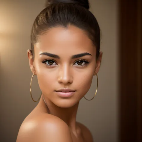 A photorealistic portrait of a insanely beautiful tanned Brazilian young woman with no makeup, mixed race, caucasian, skin is tanned, extremely detailed brown eyes, hair is in a sleek bun, detailed symmetric realistic face, realistic facial proportions, ex...