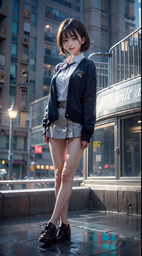 shool uniform, Cardigan, a miniskirt, Modern old cityscape,  (NSFW), 1womanl, Solo, 24 year old, 7headed body, (cute  face), (Ideal ratio body proportions), (Composition from head to thigh), Smiling smile, erectile nipple, Sexy body, Wet, short-hair, Dark ...