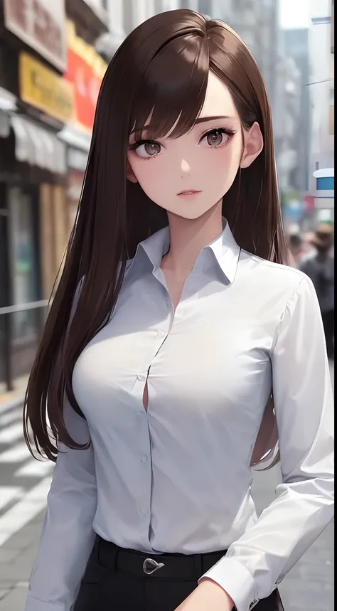 ((Best quality, 8k, Masterpiece :1.3)), Sharp focus :1.2, A pretty woman with perfect figure :1.4, Slender abs :1.2, ((Dark brown hair, medium breasts :1.2)), (White button up long shirt :1.1), busy City street:1.2, Highly detailed face and skin texture, D...