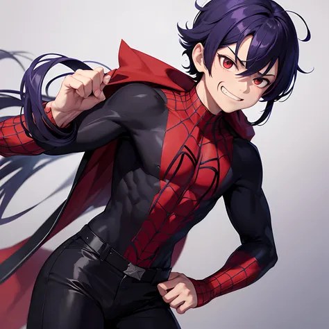 Mineta minoru, de Boku no hero, rojo spiderman, , Height 115 centimeters high, cabello ondulado, genero hombre, musculosos, Traje negro y rojo oscuro, edificio, child face, roguish smirk