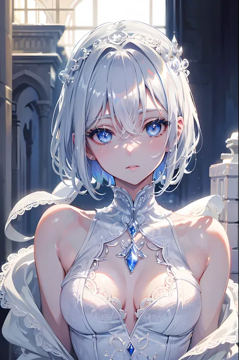 silber hair　blue eyess　in a castle　Short hair　White lace dress　a lot of apples　​masterpiece　Top image quality　Clear　cinematic shadow　Increased attractiveness of the eyes　Clear the shine of the eyes　Draw eyelashes neatly　Perfect Eye　A detailed eye　Sharpen i...