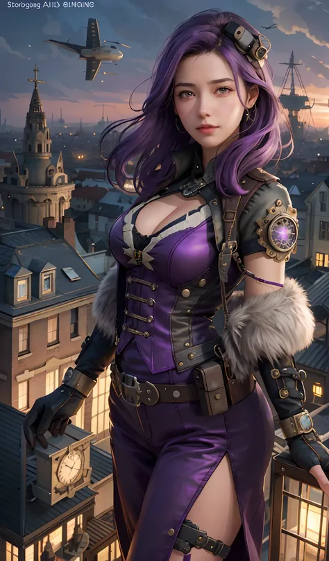 girl srading on top of a building, airships in the sky, airplanes, very detailed, realistic, traced lights, 4k, gourgeos, gears, steampunk style, magical, cap, purple hair, bracelets, intricate details, gourgeos landscape, digital art, realistic, misteryou...