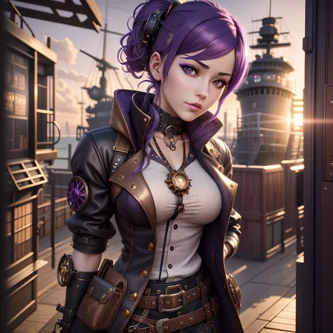 anime girl with purple hair and steampunky outfit standing in front of a ship, steampunk beautiful anime woman, 2. 5 d cgi anime fantasy artwork, anime fantasy artwork, beautiful alluring anime woman, seductive anime girl, high quality steampunk art, girl ...