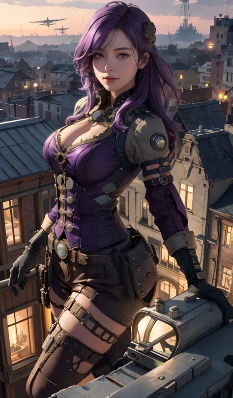 girl srading on top of a building, airships in the sky, airplanes, very detailed, realistic, traced lights, 4k, gourgeos, gears, steampunk style, magical, cap, purple hair, bracelets, intricate details, gourgeos landscape, digital art, realistic, misteryou...