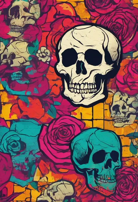 painting of skull, bones dekoratice roses, on old brick wall background