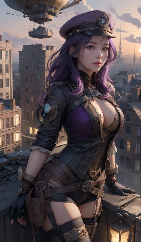 girl srading on top of a building, airships in the sky, airplanes, very detailed, realistic, traced lights, 4k, gourgeos, gears, steampunk style, magical, cap, purple hair, bracelets, intricate details, gourgeos landscape, digital art, realistic, misteryou...