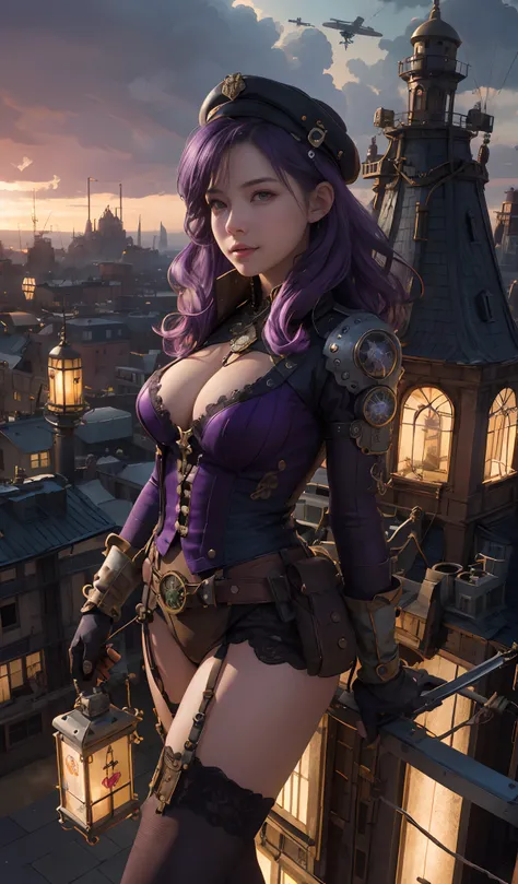 girl srading on top of a building, airships in the sky, airplanes, very detailed, realistic, traced lights, 4k, gourgeos, gears, steampunk style, magical, cap, purple hair, bracelets, intricate details, gourgeos landscape, digital art, realistic, misteryou...