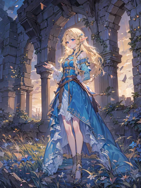 elf girl, blonde long hair, blue eyes, blue dress, having a long bow, at the evening twilight, ruins of an old castle, at the gr...