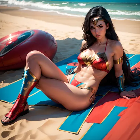 Wonder woman in a bikini lying on Copacabana beach in a cyberpunk version, muita sensualidade, mostrando bem de perto seu corpo todo suado