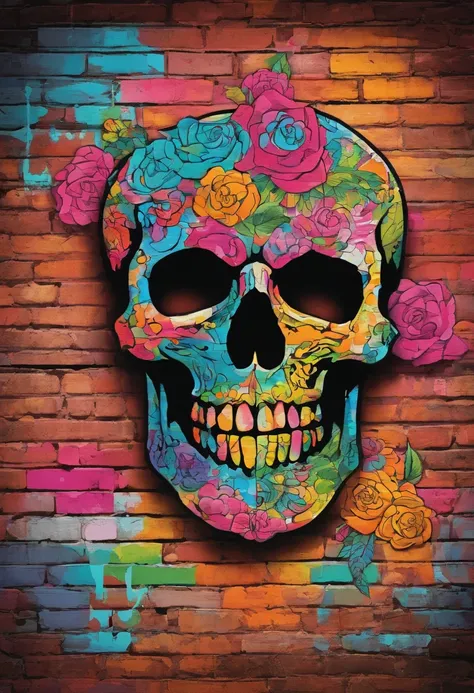 painting of skull, bones dekoratice roses, on old brick wall background