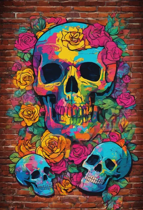 painting of skull, bones dekoratice roses, on old brick wall background