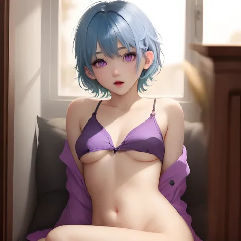 Blue hair, short hair, purple eyes, small breasts