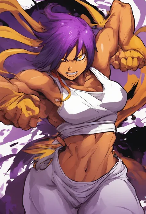 Chica de anime bleach, yoruichi, cabello morado, ojos amarillo brillante, pechos grandes, trasero grande, piel chocolate, desnuda