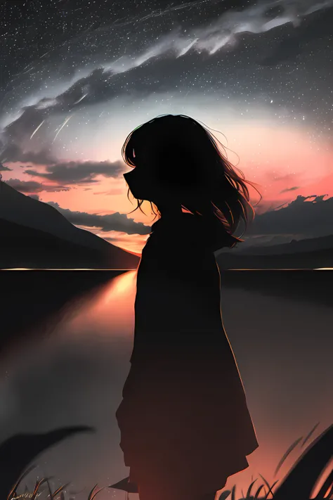 silhouette,1girl, outdoors, night, night sky, sunset, lanscape