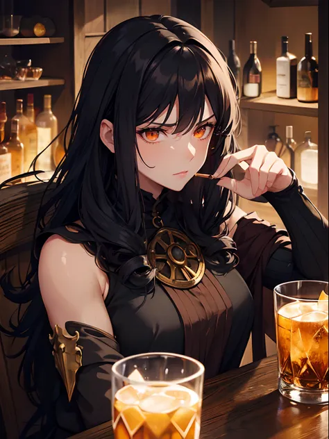 Close up, fantasy world, mead hall, adult woman, dirty, tired expression, tough look, long curly black hair, orange eyes, muscular, medieval outfit, black cloth clothes, holding glass stein full of alcohol