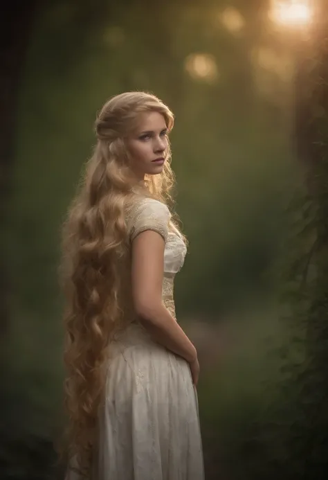 Girl dressed as Rapunzel, looking behind, Realistic, plump buttocks, Down from behind