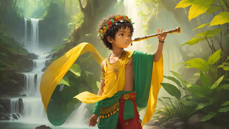 Masterpiece, jungle, waterfall, sunny, one little boy in tribal clothes, anatomically correct beautiful face and very detailed hands, holding flute in his hand