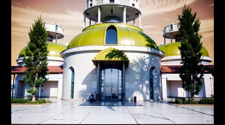 Building with a yellow dome, In a futuristic palace, futuristic palace, igreja futurista, futuristic dome, marble outdoor sidewalk, Two large green trees