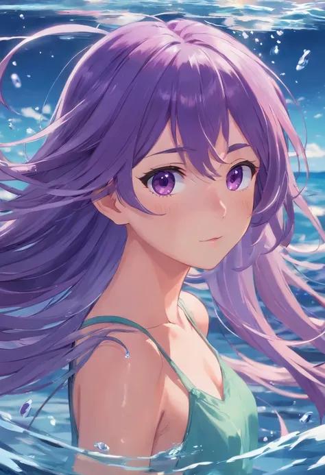 long purple hair, water hair, anime girl, prnceesses