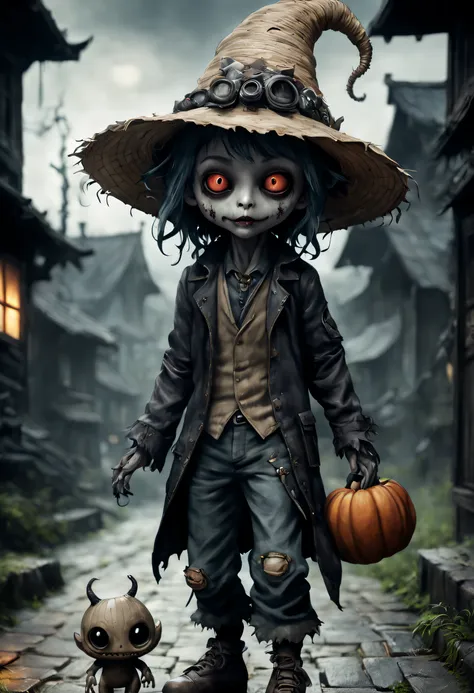 a halloween-themed chibi-et-style-alien creature, wore straw hat, shabby clothes and damaged boot, made of black leather, walkin...