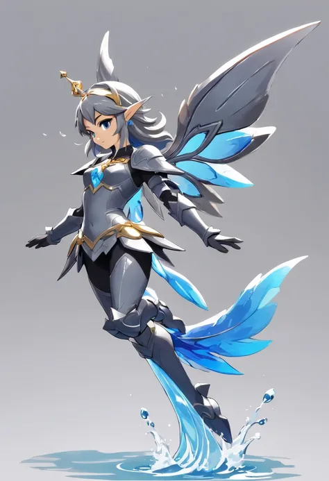 Fairy, grey mecha dolphin-like armor, water, fin-wings dark grey, masterpiece, best quality