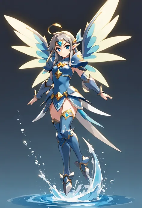 Fairy, grey mecha dolphin-like armor, water, fin-wings dark grey, masterpiece, best quality