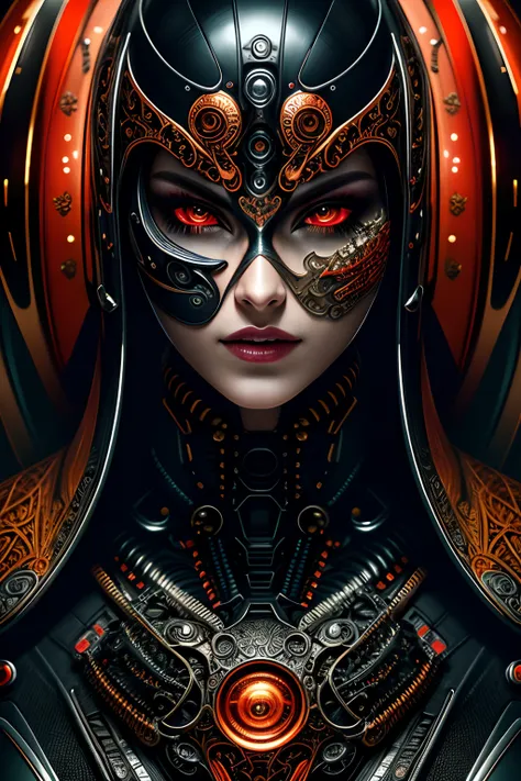 a close up symmetrical portrait of a cyberpunk gangster, biomechanical, mshn robot, splashes of orange red, hyper realistic, intricate design, (insanely detailed:1.4), (extremely fine details:1.35), Extremely sharp lines, steel, cinematic lighting, Photore...