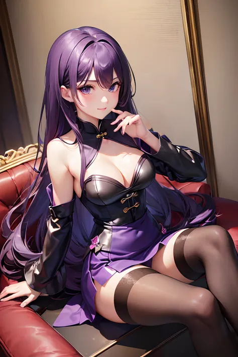 16ｋ,Raw photography,top-quality,hight resolution,Ray tracing,PBR Texture,Post-processing,),(((Purple leather china skirt , Cute Japan Anime Girl,魔法少女まどか☆マギカ,Homura Akemi,long wavy dark blue hair,Emphasize cleavage,bare hand,Thin leg,))),(finerly detailed f...