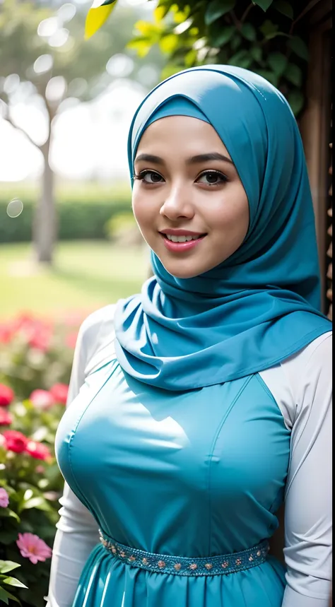 1 malay girl , modern plain hijab,  shy, medium portrait shot , watery  eyes , RAW, Best quality, high resolution, Masterpiece: 1.3), Beautiful Malay woman in hijab, Masterpiece, Perfect slim body, ((Big breasts)), Beautiful big eyes, Soft smile, (wearing ...