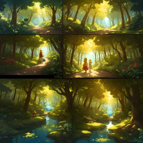 6-panel cartoon, 1. A forest with sunlight shining through, 2. A narrow path leading to the depths of the forest, 3. The back of a girl with a basket, 4. A small dragon peeking out of a beautiful lake, 5. The girl and the dragon looking at each other, 6. T...