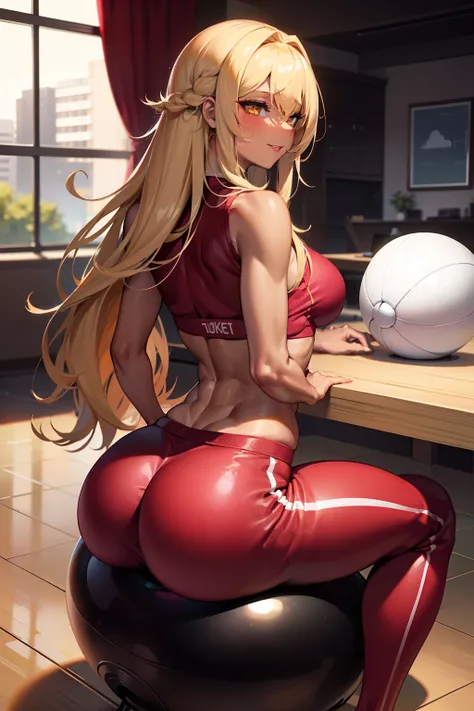 Best quality, medium breasts,  curvy, dark brown skin, long blond hair, yellow eyes, slutty, gyaru, full lips, seductive, darkskin, tan, sexy smile, gym, inside gym, exercise ball, ball, sitting on exercise ball, red clothes, ball, ass, ass in shot, booty,...