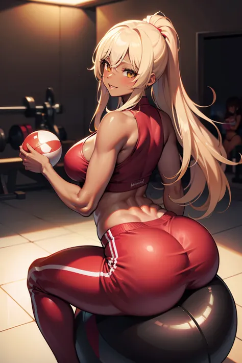 Best quality, medium breasts,  curvy, dark brown skin, long blond hair, yellow eyes, slutty, gyaru, full lips, seductive, darkskin, tan, sexy smile, gym, inside gym, exercise ball, ball, sitting on exercise ball, red clothes, ball, ass, ass in shot, booty,...