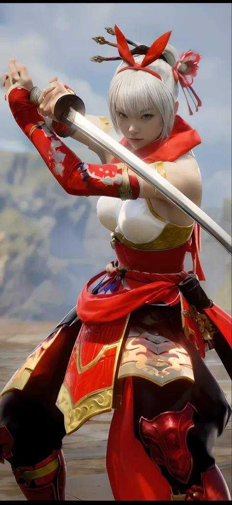 a beautiful Japanese woman with silver hair and light blue silver eyes in a red outfit holding a katana sword, fighting game character, as a character in soul calibur, kitsune inspired armor, white and red clothing, dramatic wielding sword pose, samurai ni...