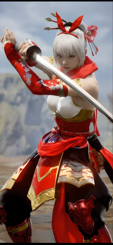 a beautiful Japanese woman with silver hair and light blue silver eyes in a red outfit holding a katana sword, fighting game character, as a character in soul calibur, kitsune inspired armor, white and red clothing, dramatic wielding sword pose, samurai ni...