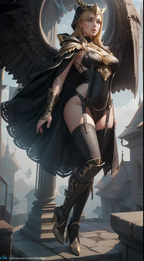 winged, Engel, ((Whole body:2)),((((full body shot)))), detailreich, episch, voluptuous hips and thighs, Blondes helles Haar, Albin Queen wears black steel shoulder pads modeled after the heads of dragons and decorated with shimmering silver embellishments...