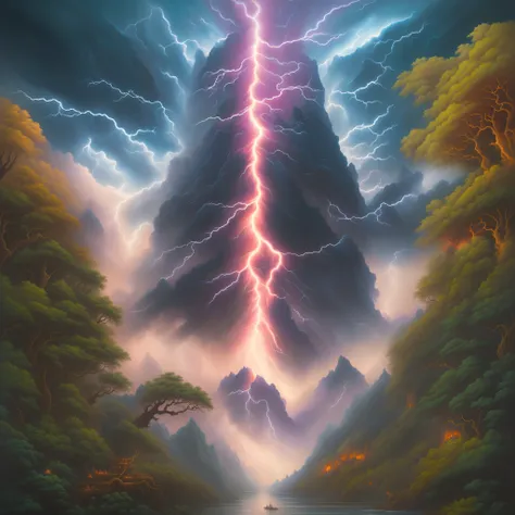 a painting of a lightning bolt hitting a mountain with trees, fractal thunder dan mumford, interdimensional lightning, fantasy artrealistic painting, lightning fantasy magic, amazing lightning art, epic fantasy painting, symmetrical epic fantasy art, noah ...