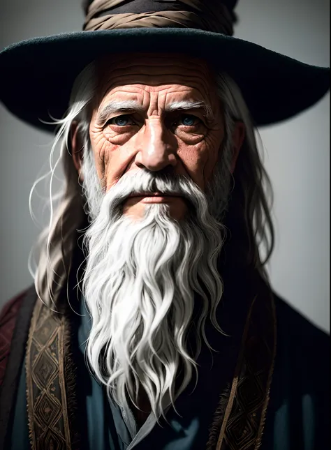 A portrait of a wizard, bearded, wrinkled, weathered, with piercing eyes, detailed face, high details, photography, dark studio, rim light, Nikon D850, 50mm, f/1.4