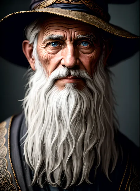 A portrait of a wizard, bearded, wrinkled, weathered, with piercing eyes, detailed face, high details, photography, dark studio, rim light, Nikon D850, 50mm, f/1.4