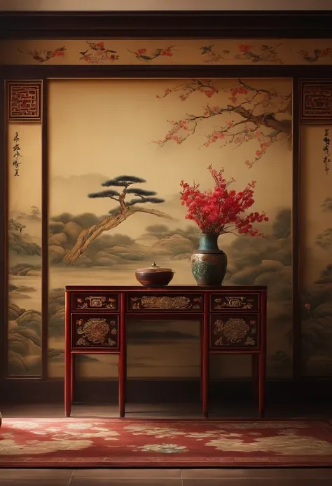 Chinese scene，Vintage furniture，There are flowers on it, oriental wallpaper, with ancient chinese aesthetic, Chinese painting style, clubs,high-definition picture quality